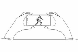 Single continuous line drawing basketball league live streaming. Man hands holding smartphone, watch spaceman basketball match online. Cosmonaut deep space. One line graphic design vector illustration