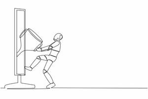 Continuous one line drawing robot pull out trophy cup from computer screen. Award on winning competition. Humanoid cybernetic organism. Robotic development. Single line draw design vector illustration