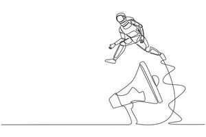 Continuous one line drawing young astronaut jumping over big megaphone. Loudspeaker technology. Announcement in space office control. Cosmonaut outer space. Single line draw design vector illustration