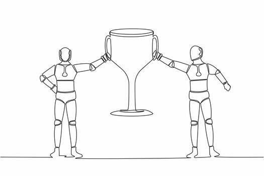 Single one line drawing two robots holding golden trophy together. Winners team celebrating victory. Artificial intelligence machine learning process. Continuous line draw design vector illustration