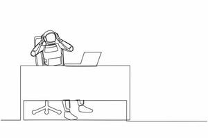 Single continuous line drawing frustrated young astronaut sitting with laptop and holding head at working desk. Space explore failure. Cosmonaut deep space. One line graphic design vector illustration