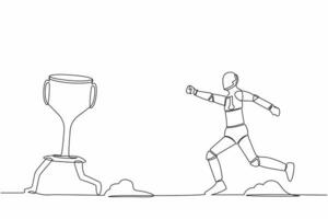 Single continuous line drawing robot trying to catch and running chasing after run away winner trophy. Robotic artificial intelligence. Technology industry. One line graphic design vector illustration