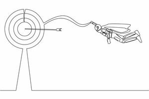 Single one line drawing super astronaut in cloak flying up to target. Success in spaceship business industry. Goal achievement. Cosmic galaxy space. Continuous line graphic design vector illustration