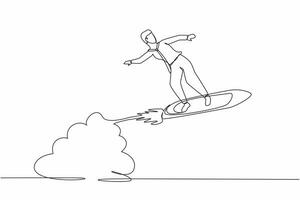 Single one line drawing businessman riding surfing board rocket flying in the sky. Successful trader on peak of profitability. Business success. Continuous line draw design graphic vector illustration