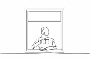 Single continuous line drawing robot enjoy hot coffee or tea in window house, holding mug, looking through window. Future technology. Artificial intelligence. One line draw design vector illustration