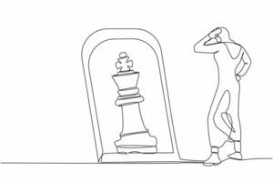 Single continuous line drawing Arab businesswoman standing in front of mirror, reflecting chess king. Metaphor of confidence. Success business, opportunities. One line draw design vector illustration