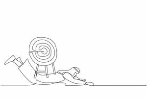 Continuous one line drawing Arabian businessman under heavy target burden. Hard work achieve business mission. Exhausted challenge to win higher target. Single line design vector graphic illustration