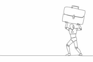 Single one line drawing of tired robot carrying heavy briefcase on his back. Pressure from too much responsibility. Artificial intelligence machine learning. Continuous line design vector illustration