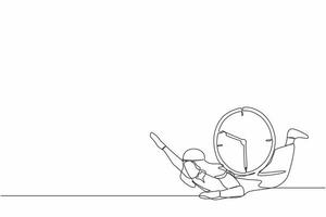 Continuous one line drawing Arabian businessman under heavy wall clock burden. Stressed complete work within deadline and timeline. Work under pressure. Single line design vector graphic illustration