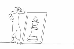 Continuous one line drawing Arab businessman standing in front of mirror, reflecting chess king. Metaphor of confidence. Success business, opportunities. Single line design vector graphic illustration