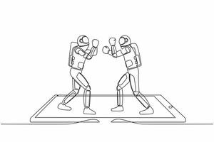 Single continuous line drawing boxing ring with two astronaut boxers on smartphone screen. Boxing fight duel during match, mobile app. Cosmonaut deep space. One line graphic design vector illustration