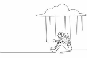 Single one line drawing unhappy astronaut feeling stress and sad. Sitting under rain cloud due to space expedition failure. Cosmic galaxy space. Continuous line draw graphic design vector illustration