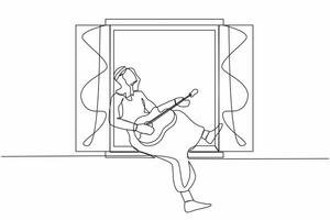 Single continuous line drawing young Arabian man sitting on windowsill playing guitar and sing song. Stay at home, human life, relaxation, comfort, romantic. One line draw design vector illustration