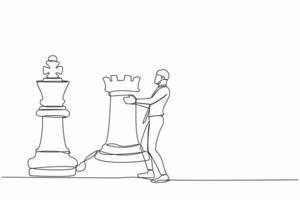 Single continuous line drawing businessman holding rook chess piece. Concept of strategic planning, business development strategy, tactics in entrepreneurship. One line draw design vector illustration