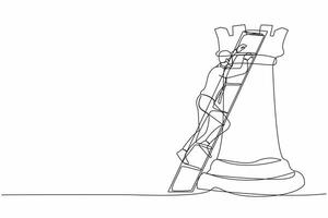 Continuous one line drawing active businessman climb huge rook chess piece with ladder. Company strategy success using powerful move for advantage. Single line draw design vector graphic illustration