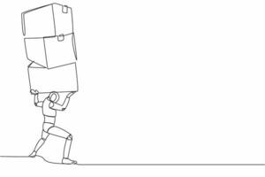 Single continuous line drawing of tired robot carrying heavy pile of box on his back. Overworked cyborg with stack of cardboard. Humanoid robot cybernetic organism. One line design vector illustration