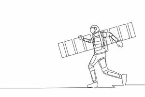 Single one line drawing astronaut repairman walking with ladder. Renovation home. Preparation house reparation in moon surface. Cosmic galaxy space. Continuous line graphic design vector illustration