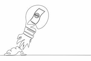 Single one line drawing banknote launching with light bulb. Fast money on a rocket. Spending money or wasteful. The concept of cashless society. Continuous line draw design graphic vector illustration