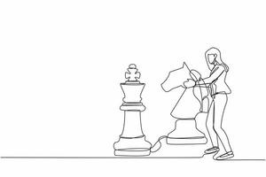 Single one line drawing businesswoman holding horse chess piece to beat king chess. Business development strategy, winning competition, tactics in game. Continuous line draw design vector illustration