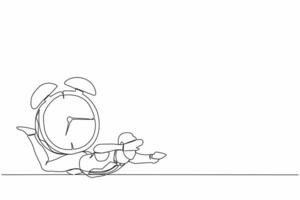 Continuous one line drawing depressed businessman under heavy alarm clock burden. Pressure to complete work deadlines. Stressed worker because lot of work. Single line draw design vector illustration