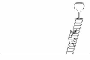 Single one line drawing robot climb ladder to get trophy. Motivation to success. Future technology. Artificial intelligence machine learning process. Continuous line design graphic vector illustration