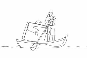 Continuous one line drawing businesswoman sailing away on boat with briefcase. Employees planning for summer vacation. Take a break from busy office tasks. Single line draw design vector illustration