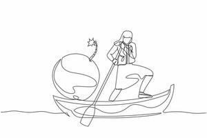 Single continuous line drawing businesswoman sailing away on boat with bomb. Office worker fired from companies due to the exploding world financial crisis. One line graphic design vector illustration