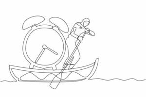 Continuous one line drawing Arab businesswoman standing in boat and sailing with alarm clock. Manager escape from project deadline. Time management problem. Single line draw design vector illustration