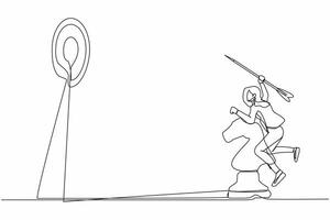 Single continuous line drawing of competitive businesswoman holding dart arrow and aiming target while riding horse chess piece. Success worker achievement. One line graphic design vector illustration