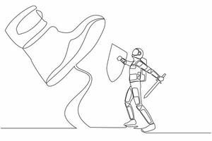 Single one line drawing young astronaut fight to giant foot with shield and sword in moon surface. Spaceman against boss big shoe stomp. Cosmic galaxy space. Continuous line design vector illustration