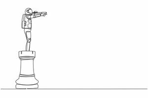 Single continuous line drawing young astronaut on top of big rook chess piece using monocular in moon surface. Looking for new planets. Cosmonaut deep space. One line draw design vector illustration