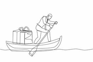 Single continuous line drawing of businessman standing in boat and sailing with gift box. Giving prizes to outstanding employees. Appreciation from company. One line graphic design vector illustration