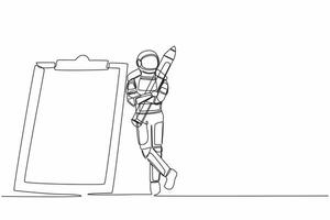 Single one line drawing astronaut holding big pencil and lean on clipboard in moon surface. Checklist space exploration document. Cosmic galaxy space. Continuous line draw design vector illustration