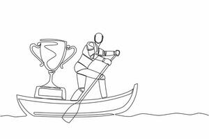 Single continuous line drawing smart robot sailing away on boat with winning trophy. Victory reward for space exploration missions. Artificial smart droid. One line graphic design vector illustration