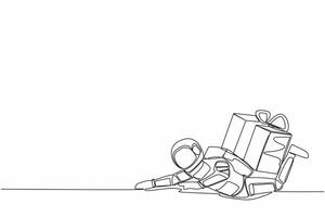 Single one line drawing of young astronaut under heavy gift box burden in moon surface. Shipping problem inter galactic connection. Cosmic galaxy space. Continuous line draw design vector illustration