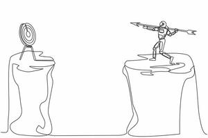 Continuous one line drawing astronaut standing on peak of cliff targeting dartboard with big arrow. Spaceman aim space exploration. Cosmonaut outer space. Single line draw design vector illustration