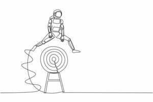 Single continuous line drawing young astronaut jumping on big archery bullseye target. Achievement and goals in spaceship expedition. Cosmonaut deep space. One line graphic design vector illustration