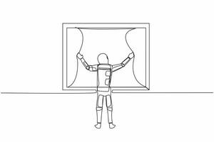 Single continuous line drawing young astronaut opening window curtains in moon surface. Wake up and open curtain in morning to get fresh air. Cosmonaut deep space. One line design vector illustration