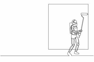 Single one line drawing astronaut painter decorator at work. Future house decoration. Preparation home reparation on moon surface. Cosmic galaxy space. Continuous line draw design vector illustration