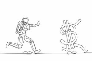 Single continuous line drawing young astronaut run chasing dollar symbol in moon surface. Investment in space technology development. Cosmonaut deep space. One line design vector graphic illustration