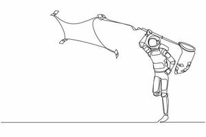 Single one line drawing astronaut trying to catch flying banknote money with net. Collecting spaceship funding from many company. Cosmic galaxy space. Continuous line draw design vector illustration