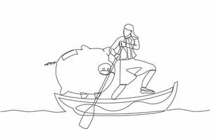 Continuous one line drawing businesswoman sailing away on boat with piggy bank. Saving money for financial management. Investment for personal use. Single line draw design vector graphic illustration