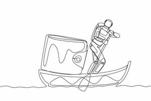 Single one line drawing young astronaut sailing away on boat with purse. Money management in spaceship company. Cosmic galaxy space concept. Modern continuous line design graphic vector illustration