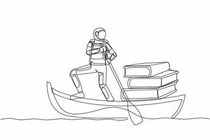 Continuous one line drawing astronaut sailing away on boat with pile of books. higher education and learning to become a cosmonaut. Cosmonaut outer space. Single line draw design vector illustration