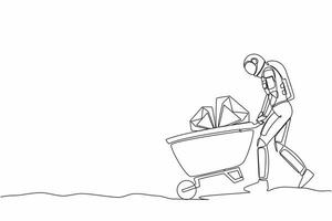 Single one line drawing astronaut pushing cart full of diamonds in moon surface. Wheelbarrow with gold, jewelry, precious stone. Cosmic galaxy space. Continuous line graphic design vector illustration