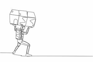 Single continuous line drawing of astronaut carrying heavy pile of box on his back. Frustration spaceman with stack of cardboard. Cosmonaut deep space. One line draw design vector graphic illustration