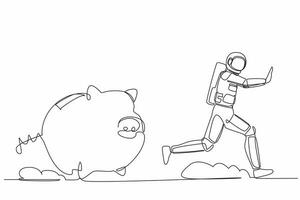 Single one line drawing young astronaut being chased by piggy bank. Economic crash due to pandemic. Losing money in spaceship industry. Cosmic galaxy space. Continuous line design vector illustration