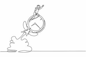 Single continuous line drawing Arab businessman riding alarm clock rocket flying in the sky. Time management, manage to finish project with deadline, productivity. One line design vector illustration