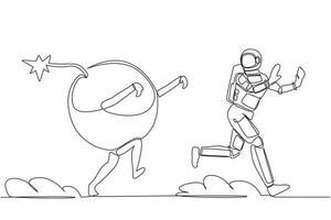 Continuous one line drawing young astronaut being chased by bomb. Afraid with galactic destruction. Future spaceship technology. Cosmonaut outer space. Single line graphic design vector illustration