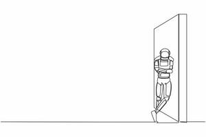 continuo uno línea dibujo joven astronauta en pie y propensión en contra pared en Luna superficie. pensando acerca de espacio exploración. cosmonauta exterior espacio. soltero línea gráfico diseño vector ilustración